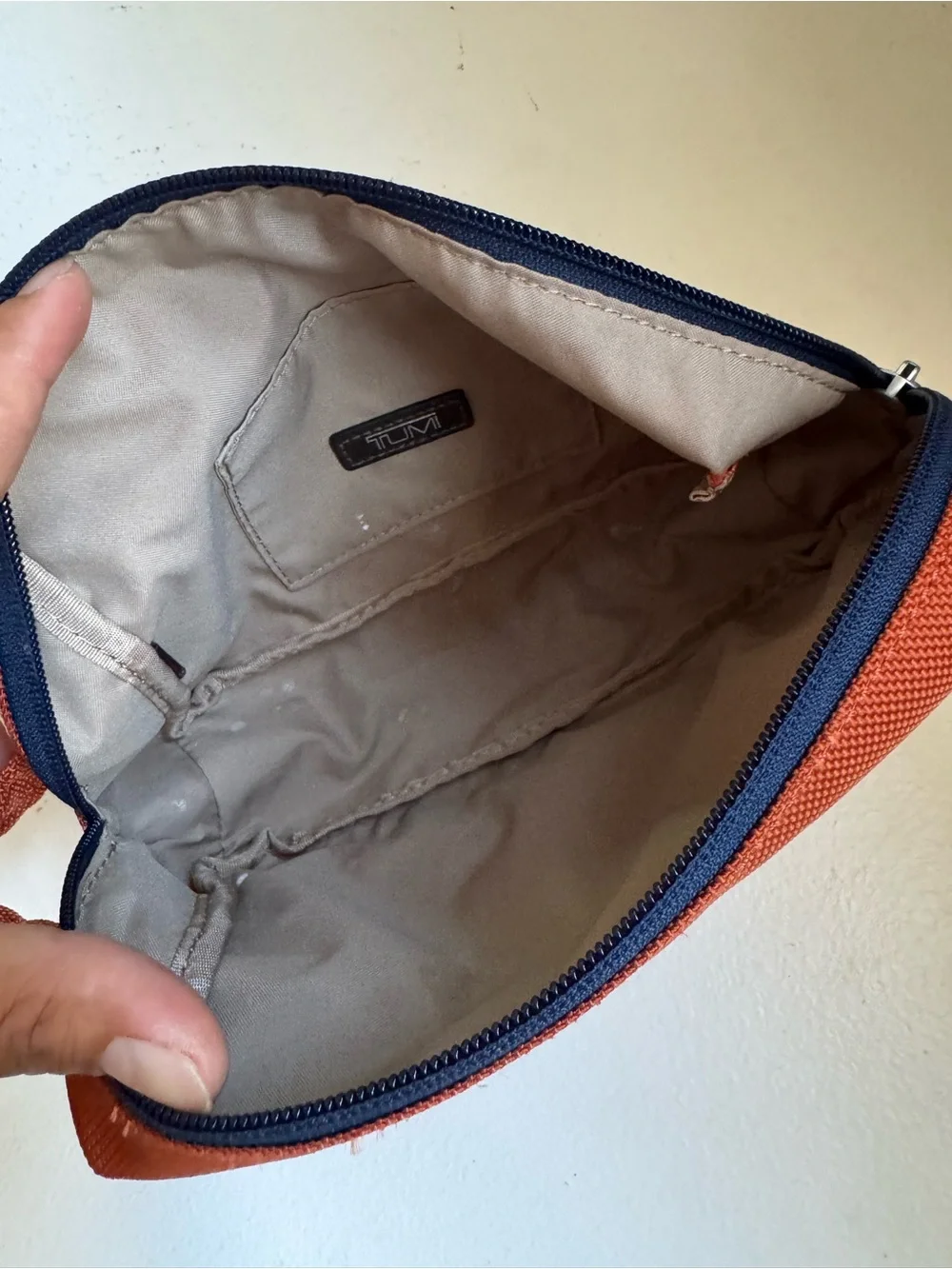 TUMI Travel Kit Small Accessory Pouch Orange with blue Trim